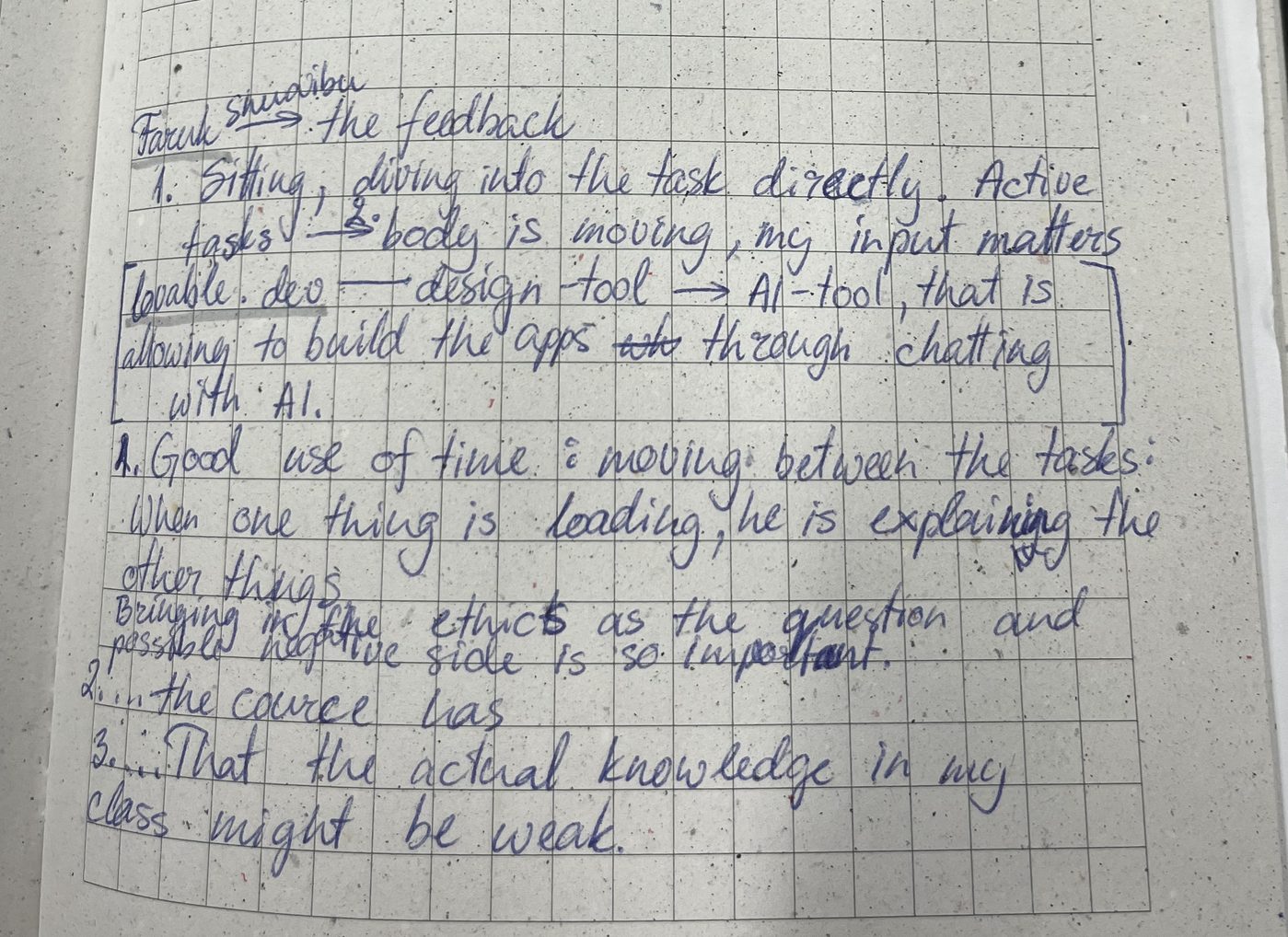 Handwritten peer feedback notes from a notebook, headed 'Faruk Shuaibu → the feedback' followed by numbered observations.