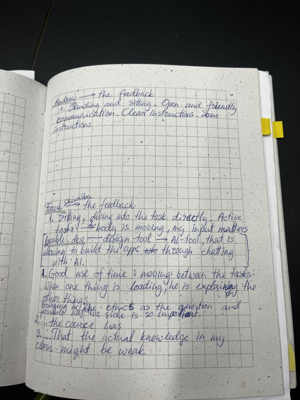 Full handwritten peer feedback notebook page